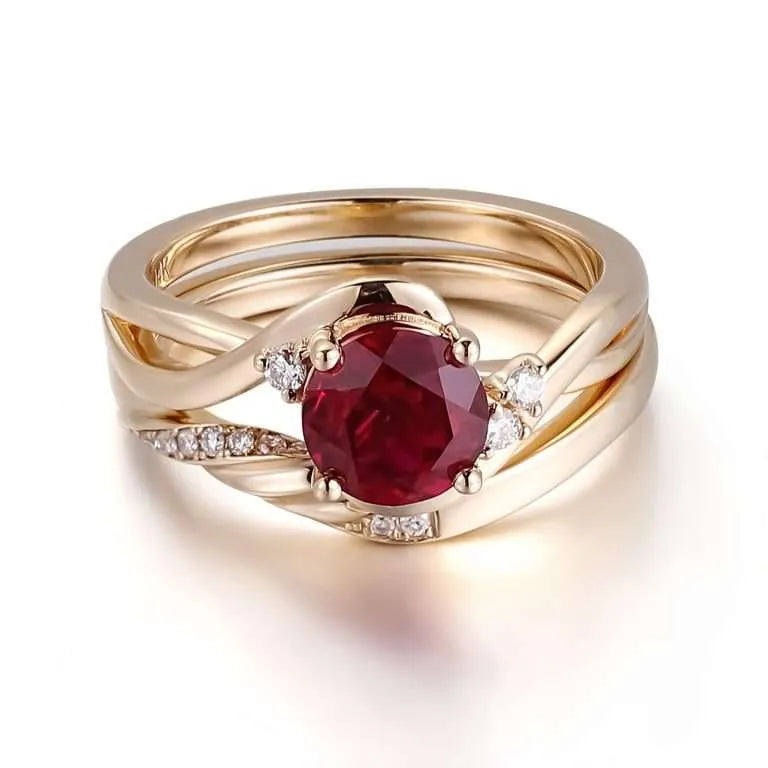 Twisted Band Ruby & Moissanite Ring Set